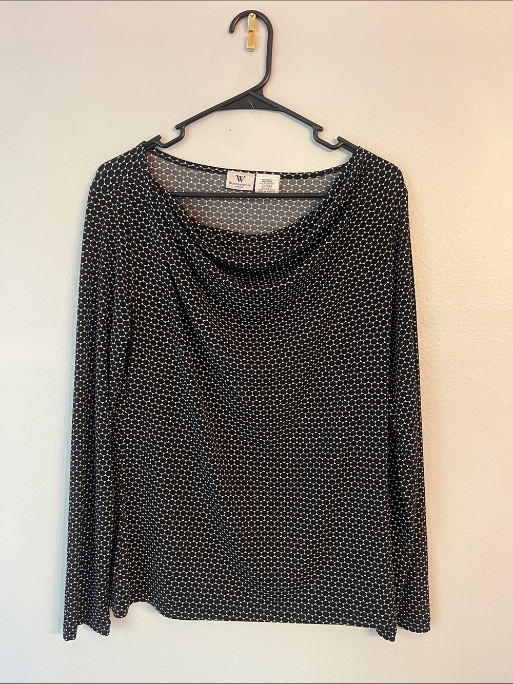 Worthington Black Cowl-Neck Geometric Dot Long Sleeve Sweater